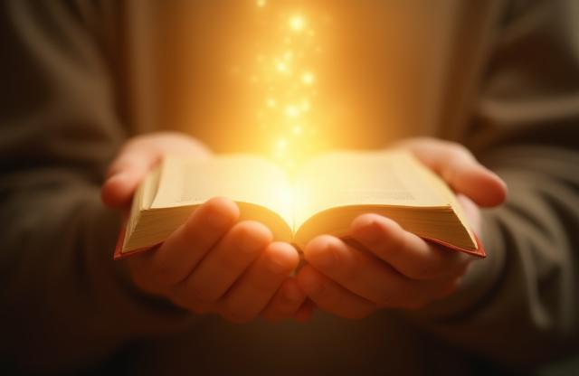 Hands holding a book with light shining from it